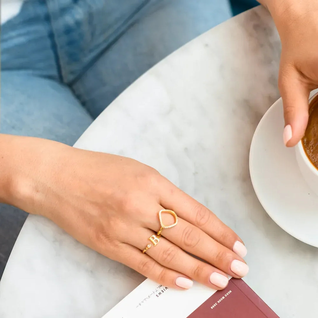 Gold & Silver Personalized Initial Letter Ring with Birthstone