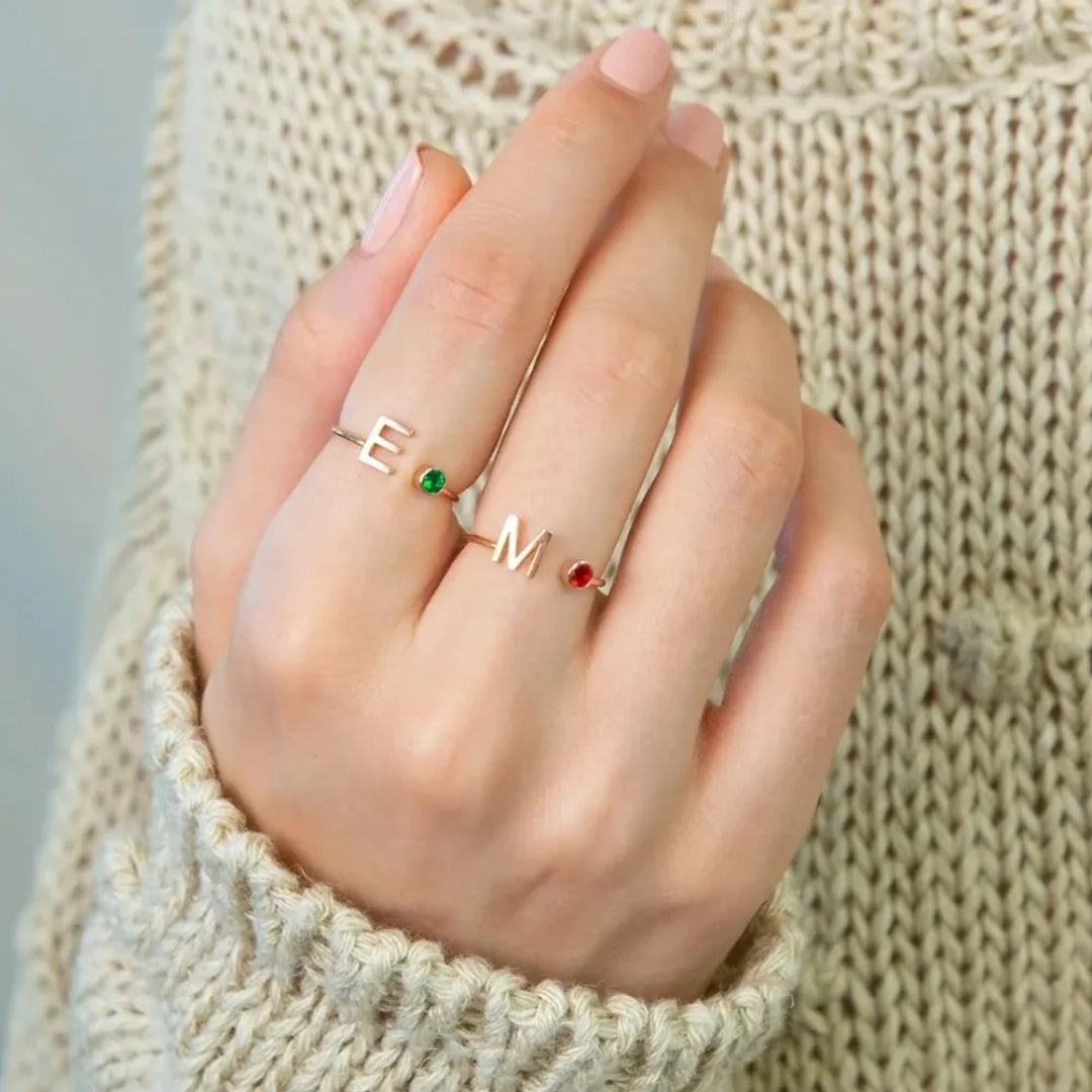 Gold & Silver Personalized Initial Letter Ring with Birthstone