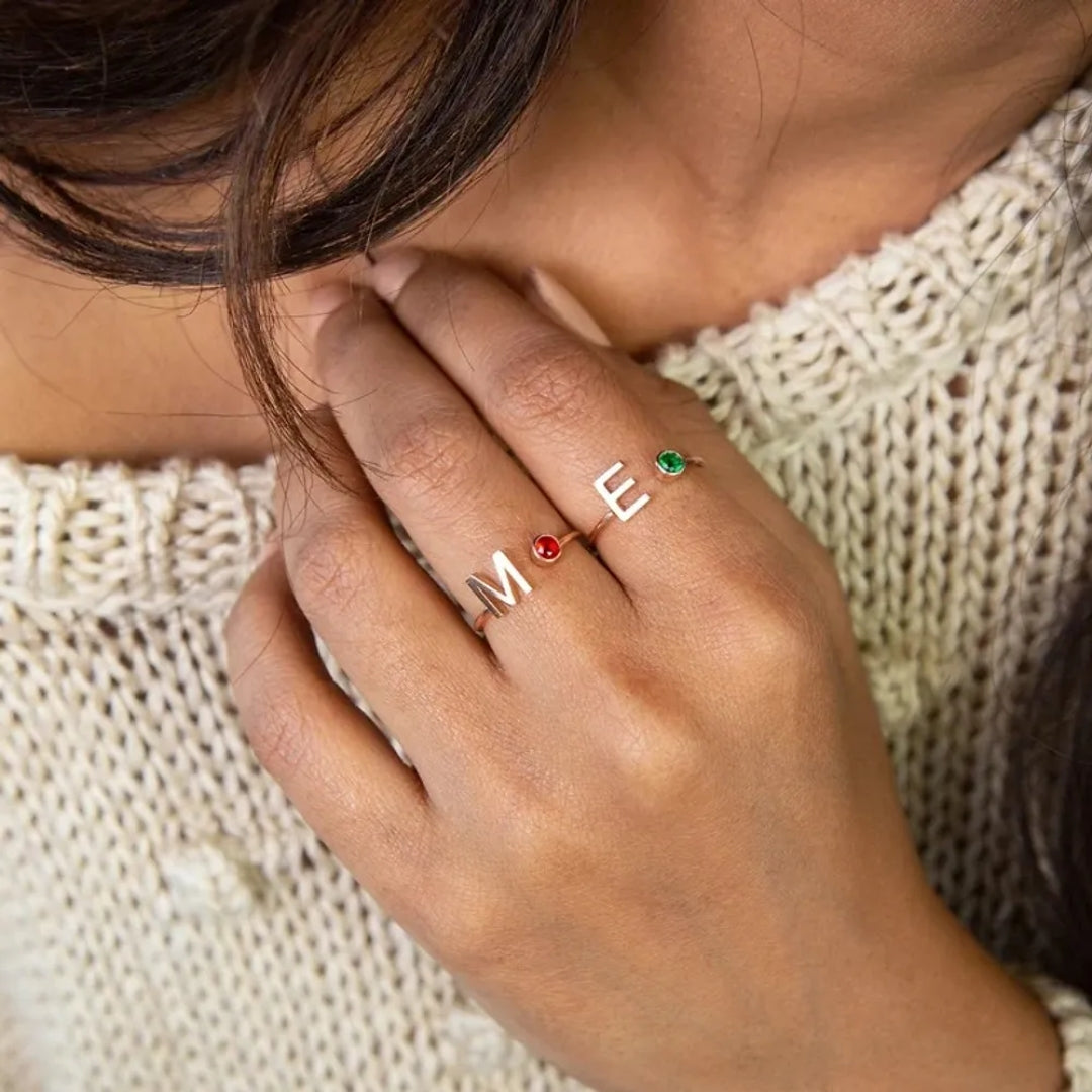 Gold & Silver Personalized Initial Letter Ring with Birthstone