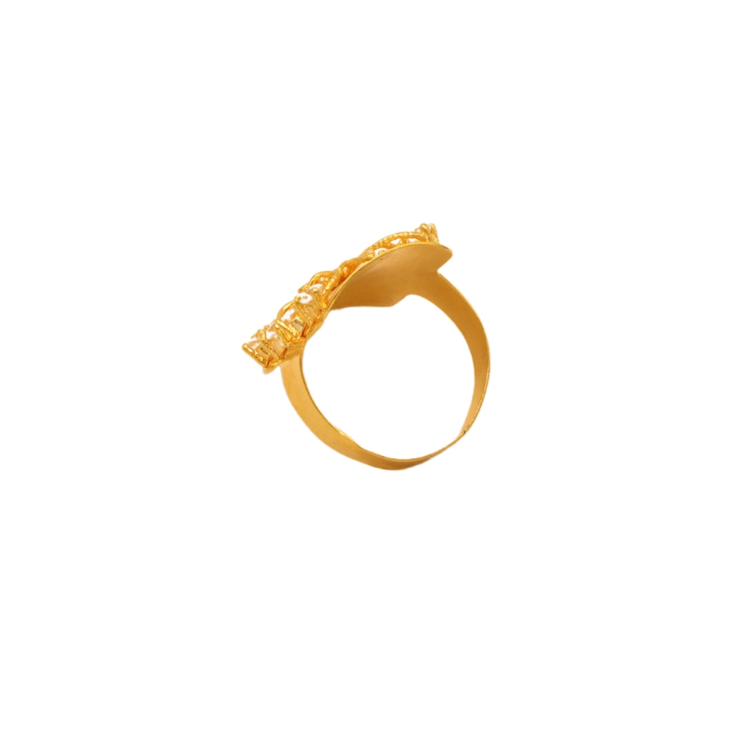 Gold 21KT Rectangular Floral Design Ring with Stones