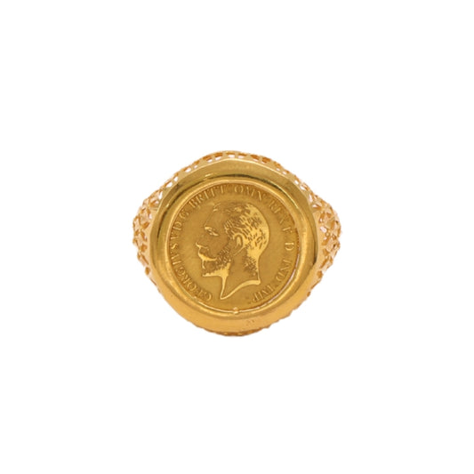 Gold 21KT Coin Engraved Statement Ring