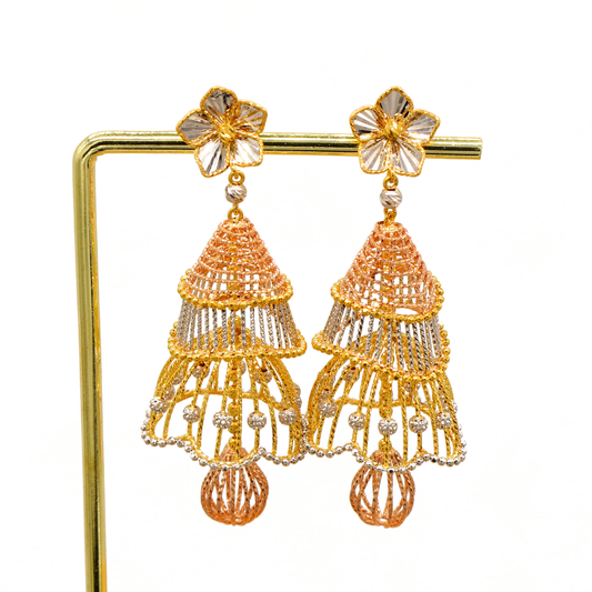 Gold 22KT Floral Layered Dangle Earrings