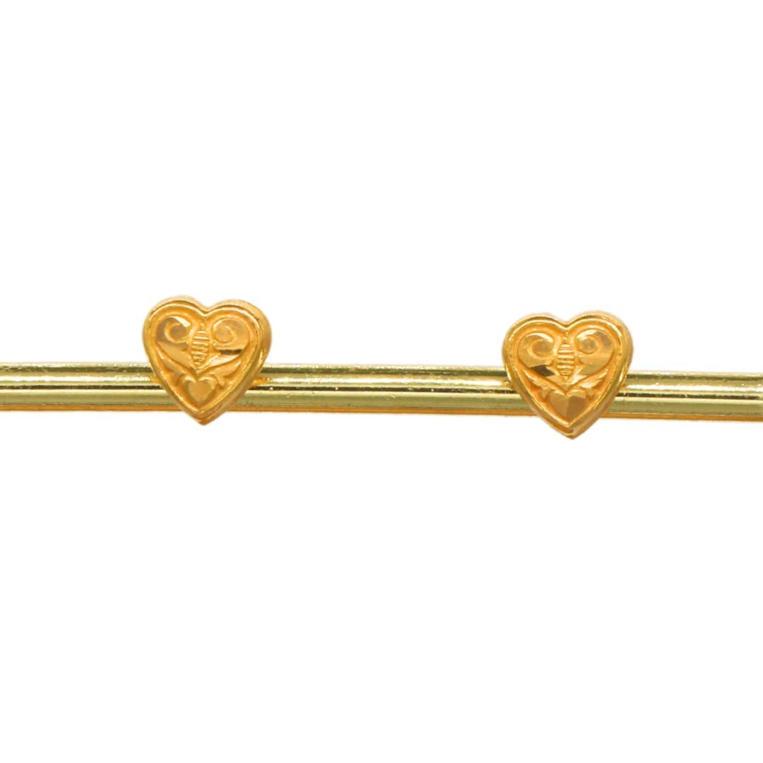 Gold 18KT Engraved Heart Design Stud Earrings