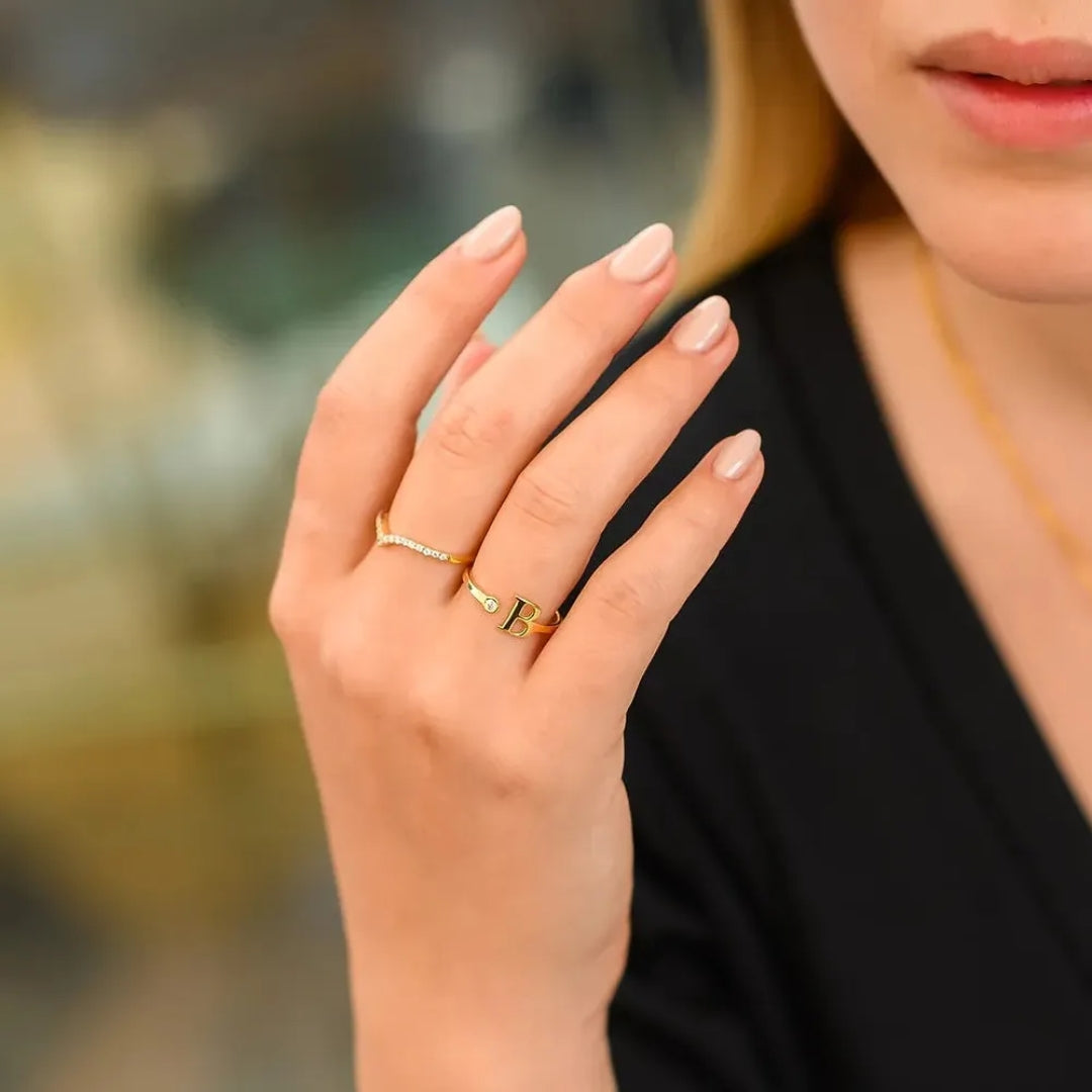Gold & Silver Personalized Initial Letter Ring with Birthstone