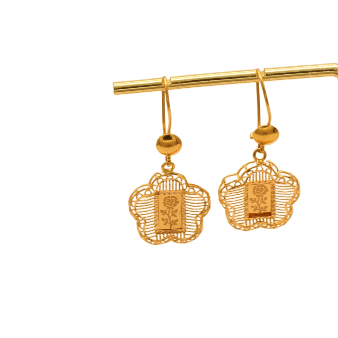 Gold 21KT Floral Frame Drop Earrings