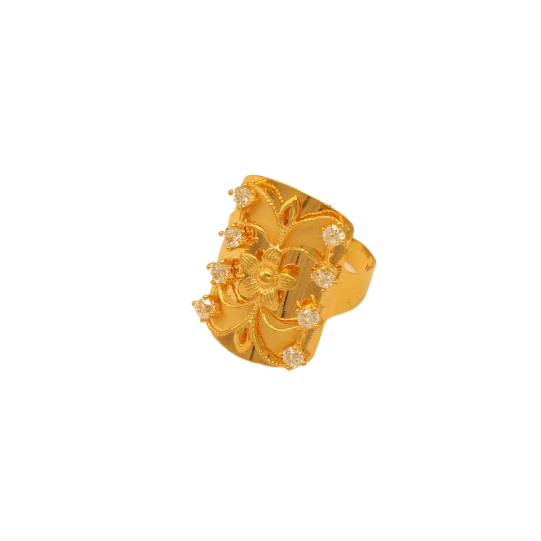 Gold 21KT Rectangular Floral Design Ring with Stones