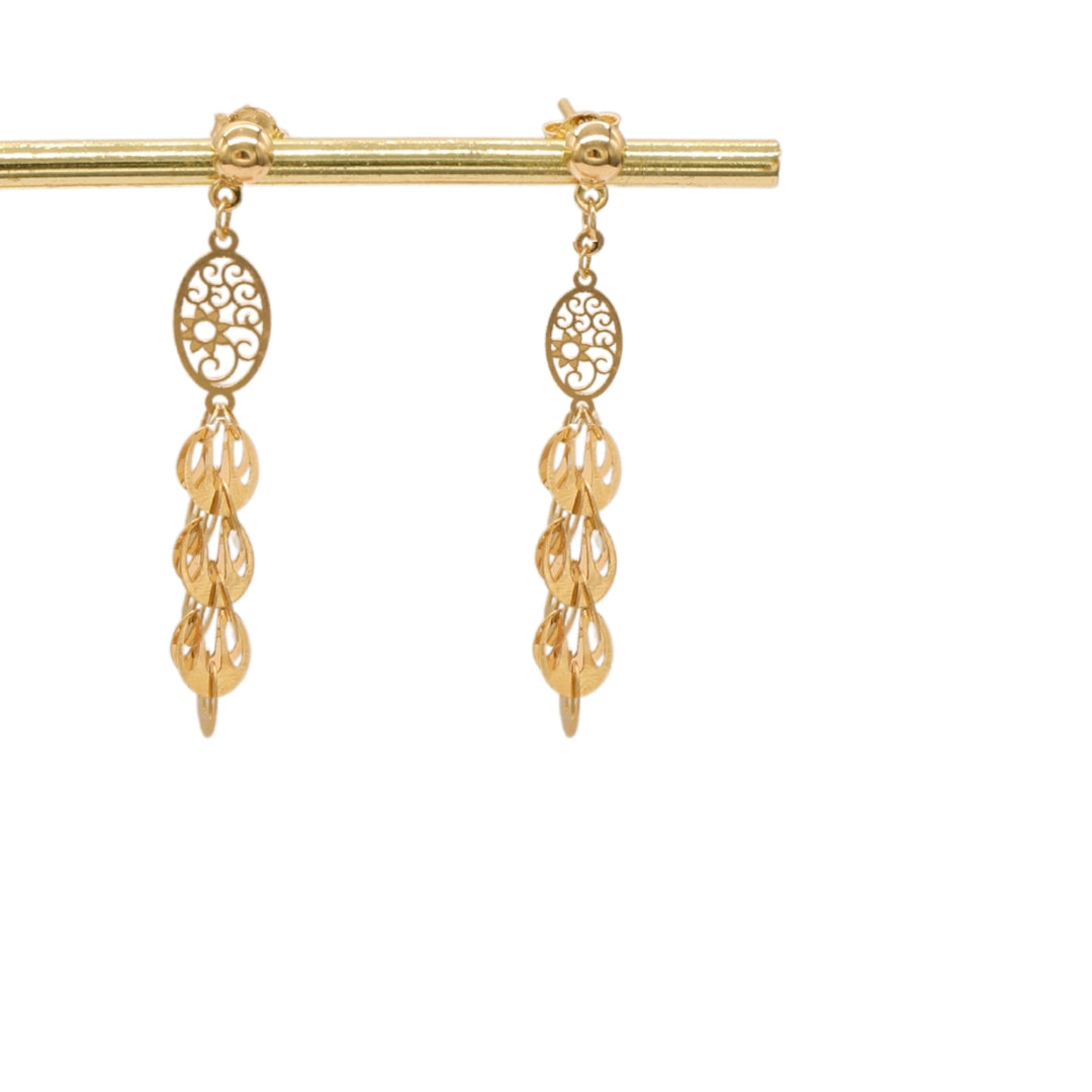 Gold 18KT Floral Oval Drop Earrings