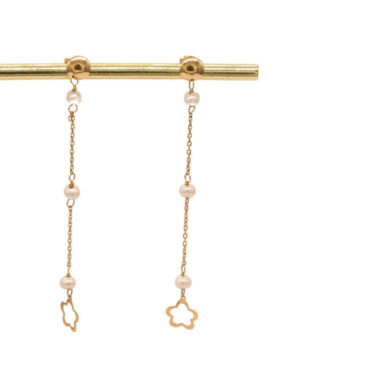 Gold 18KT Pearl Chain Flower Earrings