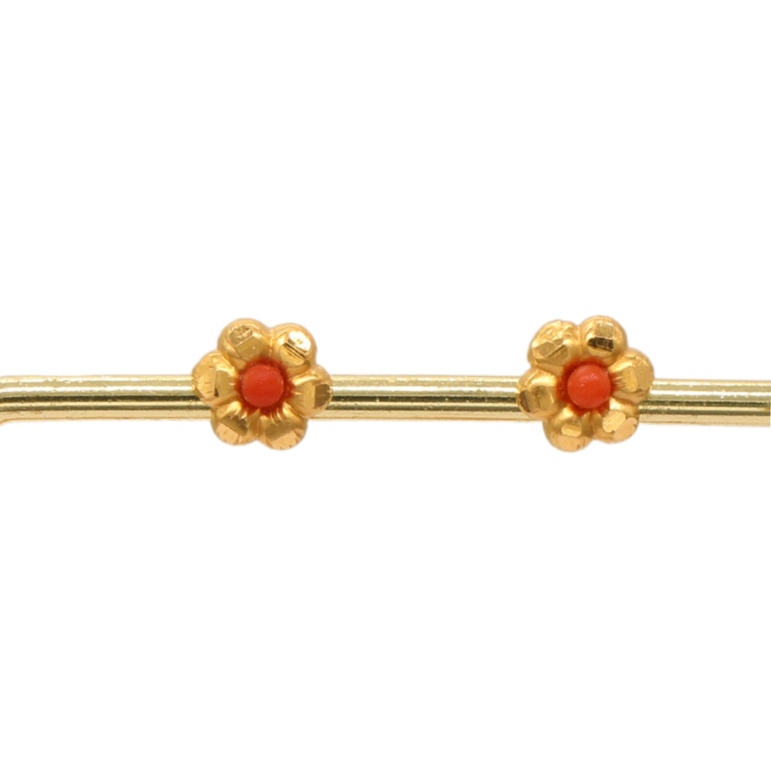 Gold 22KT Floral Stud Earrings with Red Stone