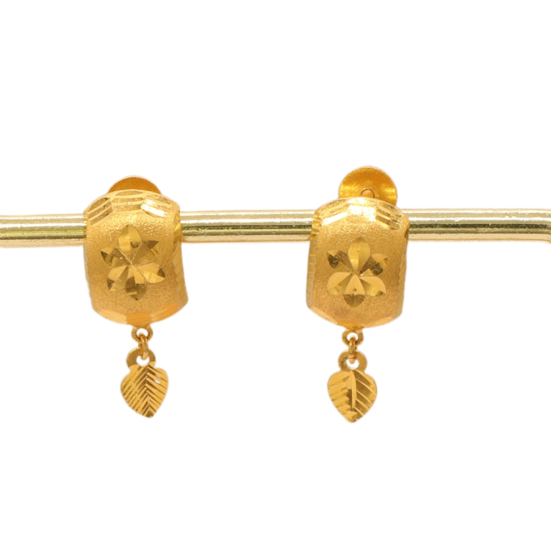 Gold 22KT Floral Drop Earrings with Leaf Charm