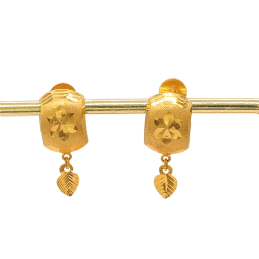 Gold 22KT Floral Drop Earrings with Leaf Charm