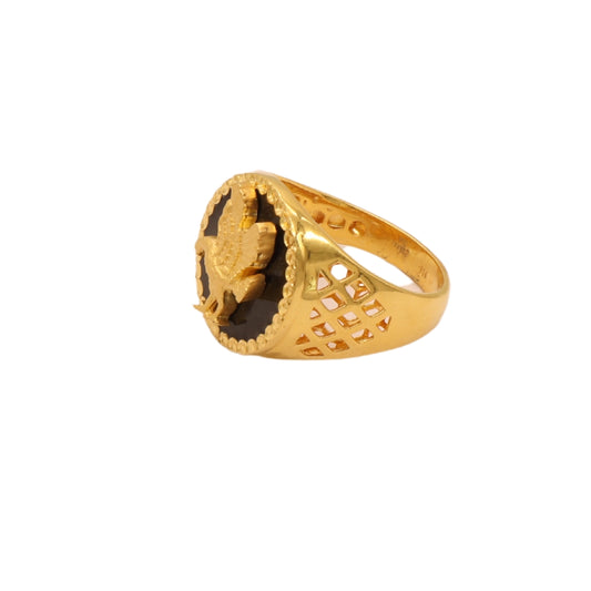 Gold 22KT Men's Black Enamel Eagle Ring