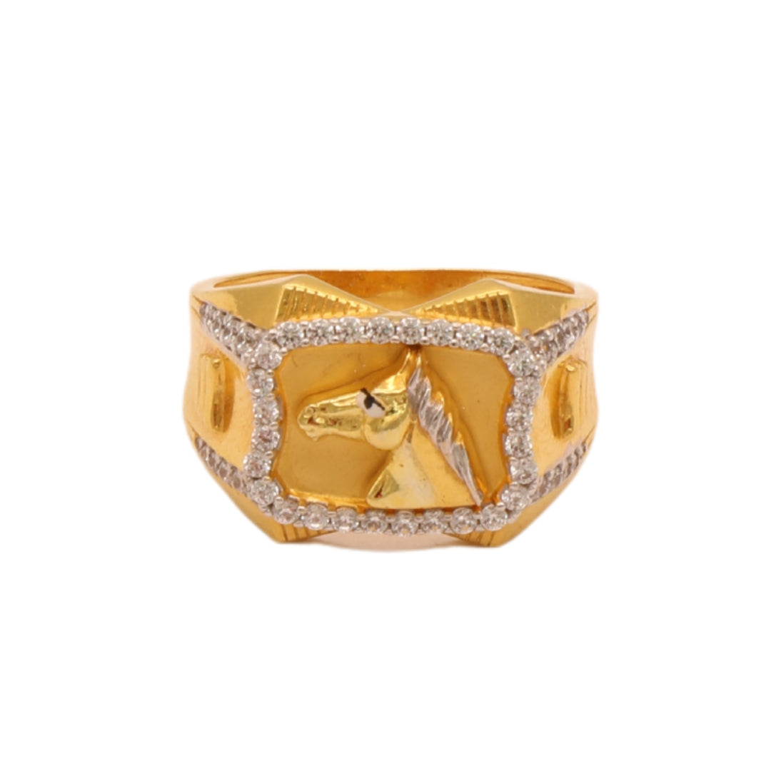 Gold 22KT Men's Horse Design Ring with CZ Stones